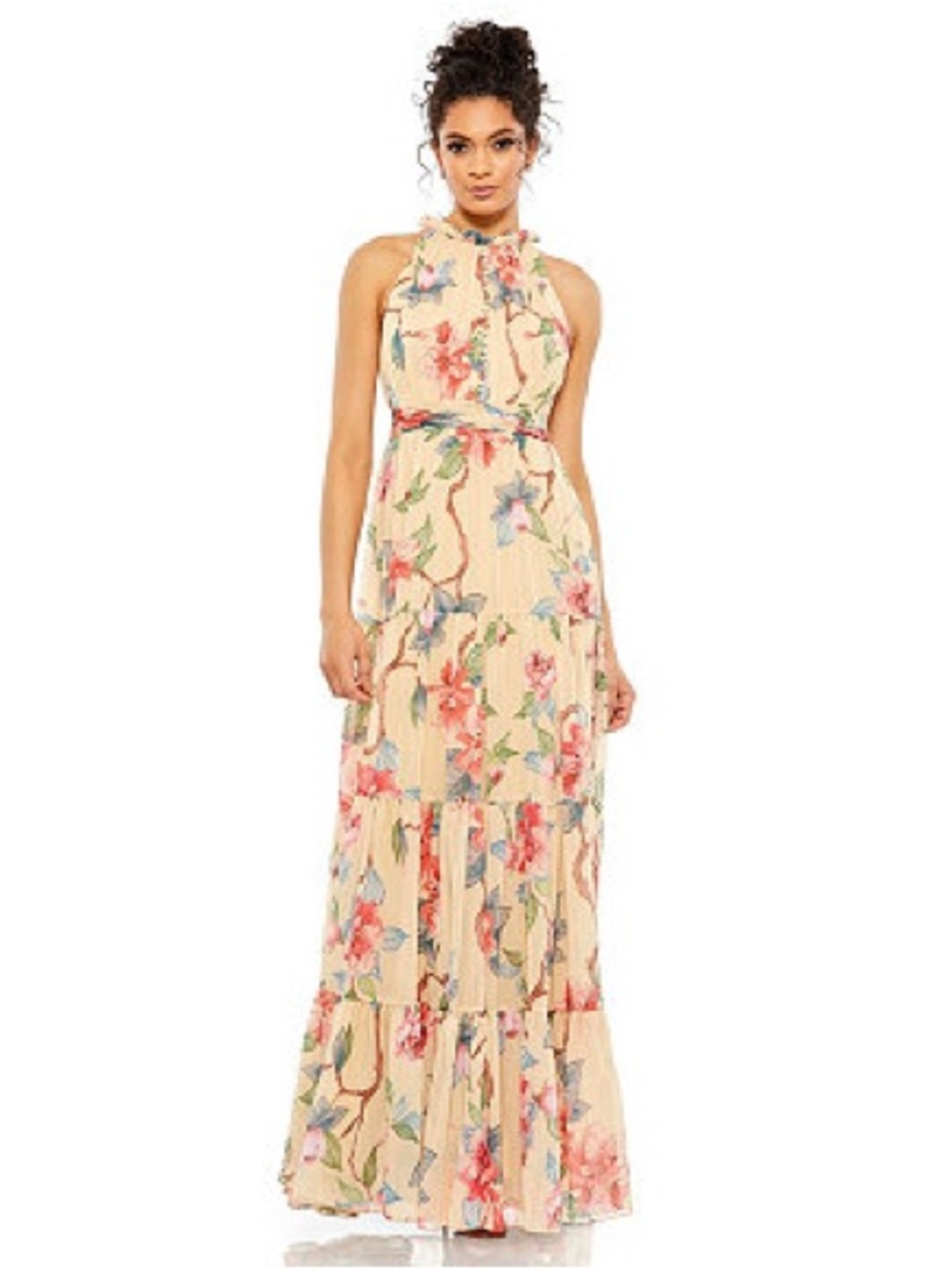 Mac Duggal Nude Multi Floral Chiffon Maxi Dress Size 0 $278